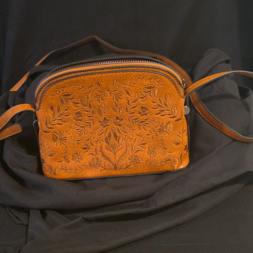 Sam & Hadley Brown Embossed Floral Cross Body Bag with Zipper and Pockets, Small - Picture 1 of 7